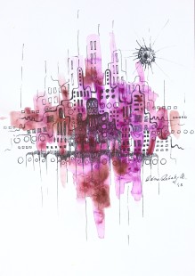 Űrváros lila színekben - akvarell, tűfilc 21x29,7 cm
