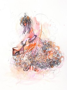 Borítéktáskás nő - akvarell, tűfilc 24x32 cm